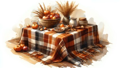 Autumn table decoration, watercolor painting