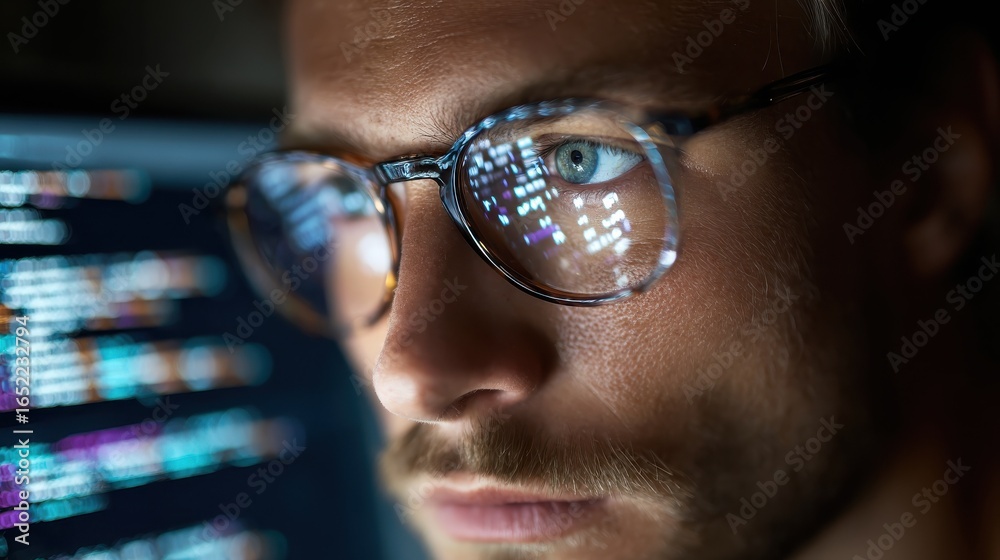 Wall mural focused developer coder wears glasses working on computer looking at programming code data cyber sec