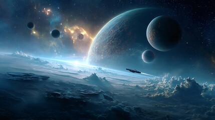 Alien Planets and Spaceship in Outer Space