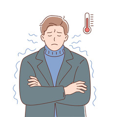 Person shivering in winter clothing, cold temperature and low thermometer icon, chilly weather concept, seasonal discomfort illustration, cartoon freeze effect