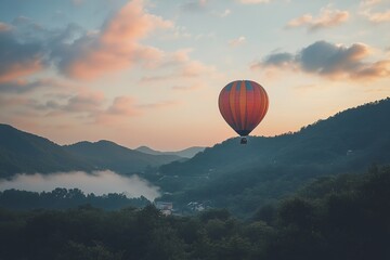 Hot air balloon over misty mountain valley at sunrise