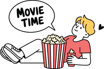 Relaxed cartoon illustration of person watching movie with popcorn, drink, red shirt, sneakers, speech bubble reading movie time