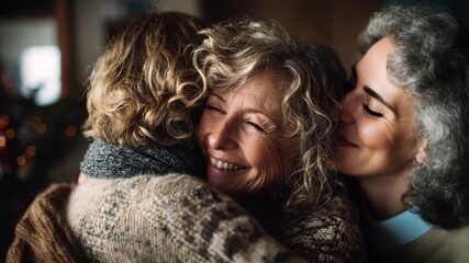 Cherished Embrace: A heartwarming scene of familial affection unfolds as a woman is embraced by her loved ones, celebrating a bond of togetherness.