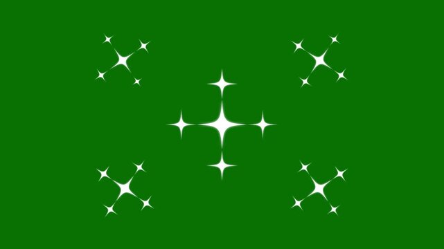 Twinkling light, star sparkle, retro blinking animation, glowing shiny starlight glitter, white cartoon doodle vector stars, with shimmering twinkle burst on a green background video animation. 4K