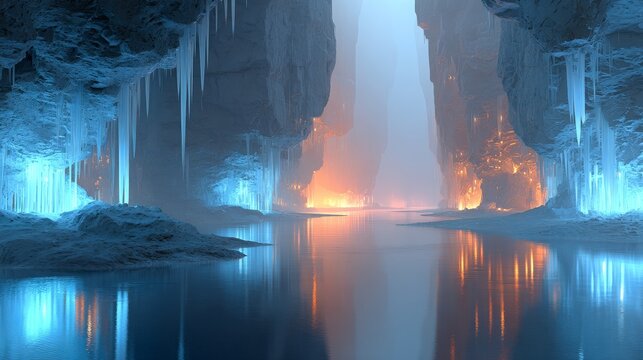 A dramatic scene of a glowing ice cave with a lava river flowing through a canyon, showcasing contrasting cold and hot elements in nature.