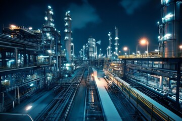 Industrial complex at night, illuminated by numerous lights