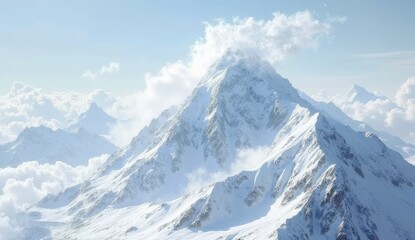 A majestic snow covered mountain peak piercing through the clouds under a bright blue sky view