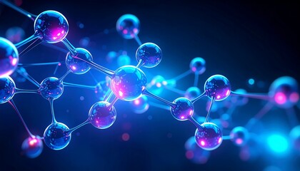 A captivating visual representation of molecular structures, featuring glowing, interconnected spheres in vibrant blue and purple hues.