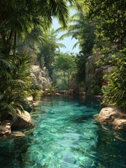 tropical paradise pool surrounded by lush green foliage creating a serene oasis for relaxation and rejuvenation captured in a tranquil setting exuding natural beauty and peace