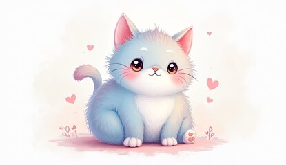 A cute cartoon cat with big eyes and pink cheeks sitting on a pink and white watercolor background