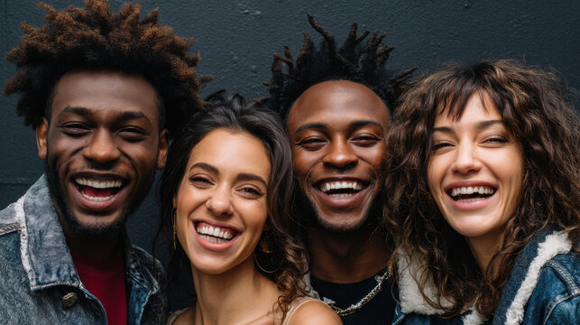 Happy group of friends with levity and laughter sharing joyful moment together smiling and enjoying life