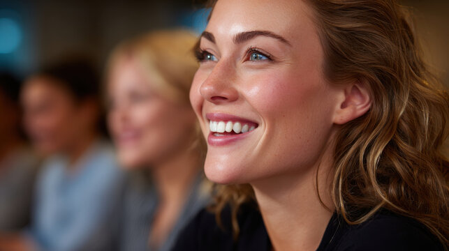Smiling woman with curly hair showing levity and laughter in close up portrait with blurred people in background