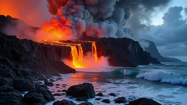 Dramatic volcano eruption with lava flowing into ocean creating stunning landscape video footage