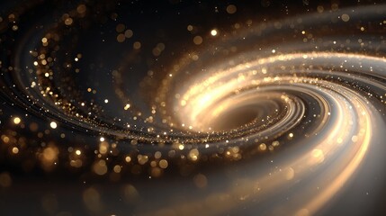 Obraz premium A dynamic abstract spiral galaxy with golden particles swirling in the dark cosmic space, showcasing cosmic energy and stellar dynamics.
