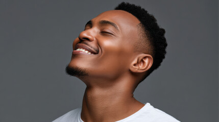 Obraz premium Young man smiling with eyes closed showing levity and laughter in joyful moment of happiness and peace