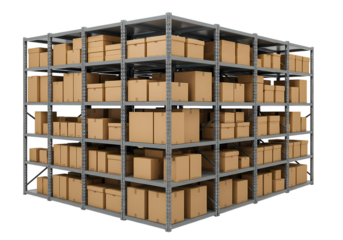 Organized Cardboard Boxes in a Warehouse Storage Rack System isolated on transparent background