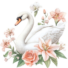 Obraz premium Elegant white swan surrounded by delicate pink roses and lilies, isolated on transparent background