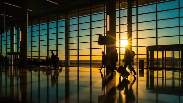 Travelers in silhouette with luggage walking through a modern airport terminal during a vibrant sunrise.
