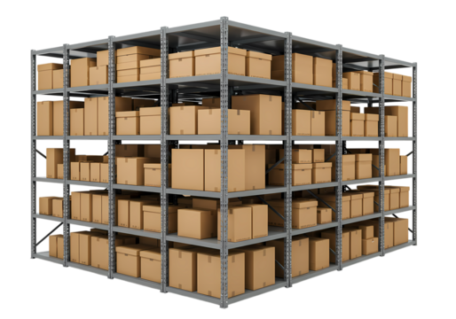 Organized Cardboard Boxes in a Warehouse Storage Rack System isolated on transparent background