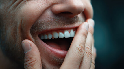 Close up of man mouth showing white teeth and hand covering it with levity and laughter in joyful moment