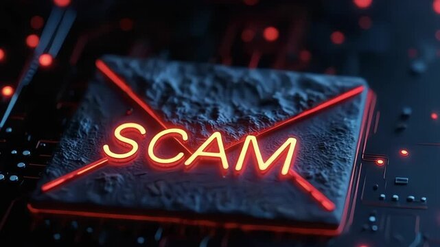 Digital email scam alert with glowing text on a dark textured background