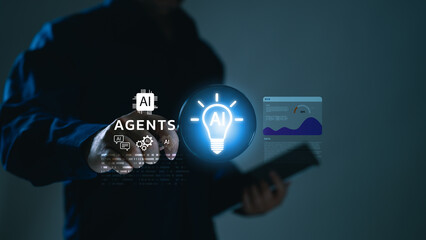 Businessman touching virtual screen displaying AI agents concept. Artificial intelligence technology drives business automation, innovation, data analysis. Futuristic interface presents smart