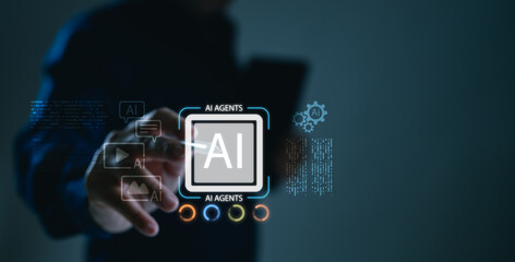 Businessman touching AI agents icon using virtual screen. Concept shows artificial intelligence, machine learning, chatbot technology, automation solutions, business operations, data processing,