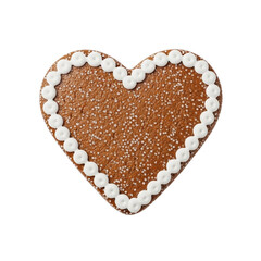 Obraz premium Gingerbread heart cookie with white icing dots and powdered sugar, isolated on white and transparent background for festive dessert concepts