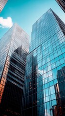 Obraz premium Low-angle view of modern skyscrapers, glass facades reflecting the sky