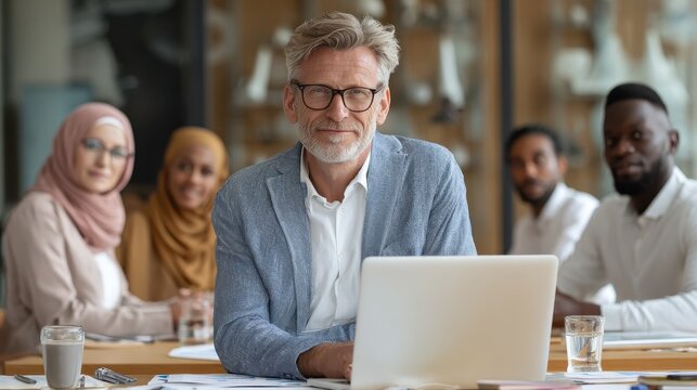 male mature caucasian ceo businessman leader with diverse coworkers team executive managers group at meeting multicultural professional businesspeople working together on research plan in boardroom n