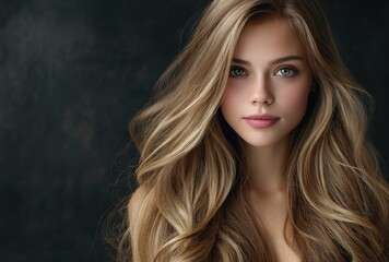 A beautiful woman with long hair cascading down to her chest, set against a dark background.