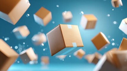 Digital rendering of cardboard boxes floating in the air against a blue background with digital elements and bubble effects.