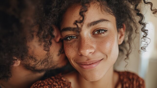 portrait of attractive couple embracing each other closeup loving multiethnic couple embracing and kissing closeup face of cheerful boyfriend and african girl cuddling in love at home no logos no bra