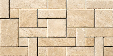 Cream limestone blocks in random ashlar layout featuring large and small rectangular pieces with natural weathering and aging