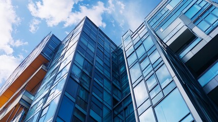 Obraz premium Low angle view of modern glass skyscrapers against a partly cloudy sky