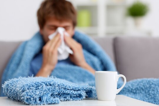 sick man blowing her nose in bed