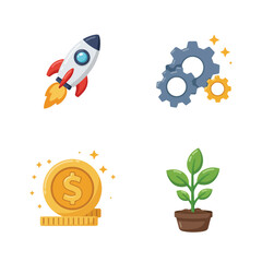 Four colorful illustrations depicting concepts of growth, innovation, and financial success.