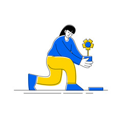 Flat Line Young Woman Holding Flower Pot Gardening Concept Illustration
