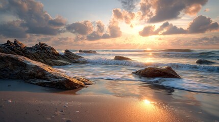 Golden sunlight from rising sun reflects on calm sea, washing over rocky shore with gentle waves under cloudy sky.