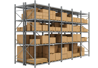 Warehouse Inventory Cardboard Boxes on Metal Shelving Units isolated on transparent background