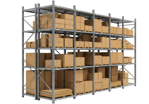 Warehouse Inventory Cardboard Boxes on Metal Shelving Units isolated on transparent background