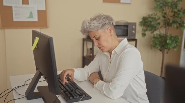 Woman rubs glasses, leans forward and rests head on arm over keyboard by monitor at office desk beside potted plant; fatigue.