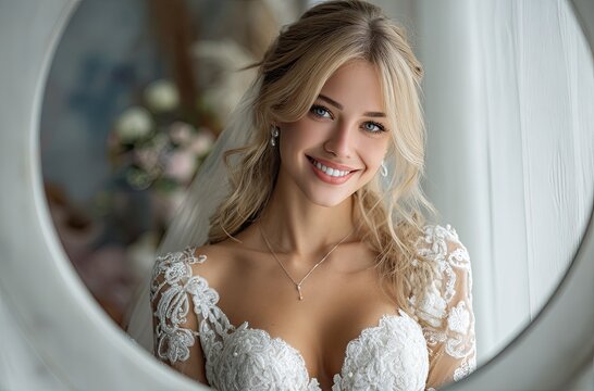 A beautiful woman in her wedding dress, smiling, with her hair in an updo, standing inside a large, round mirror with a white curtain background - Powered by Adobe