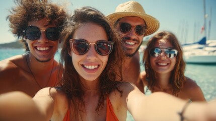 summer holidays vacation happy people concept  group of friends taking selfie with smartphone no logos no brands ar 169