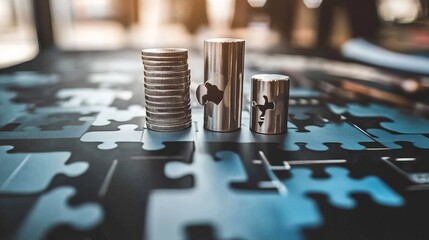 Metal cylinders, coins, puzzle pieces