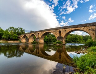 Fototapeta premium Stone arch bridge spanning a calm river, perfectly reflected in the still water, under a partly cloudy sky