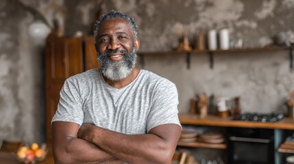 portrait of smiling mature man with beard standing with crossed arms confident african man with folded arms at home looking at camera happy senior in casual feeling good no logos no brands ar 169