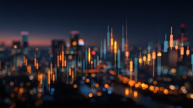 abstract glowing big data forex candlestick chart on blurry city backdrop trade technology investment and analysis concept double exposure no logos no brands ar 169