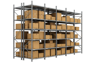 Metal Racking System Filled with Cardboard Boxes Warehouse Inventory and Logistics isolated on transparent background