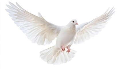 Fototapeta premium White Dove Flying with Spread Wings, Symbolizing Peace and Freedom